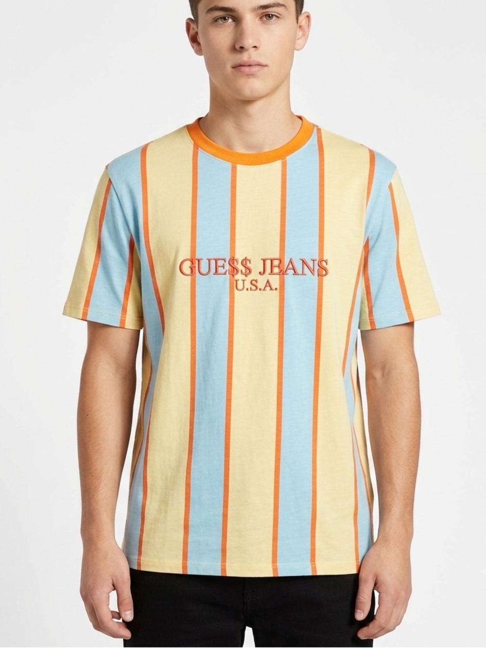 NWT GUESS Originals x A$AP Rocky Vertical Striped T-Shirt Men's L Orange Blue
